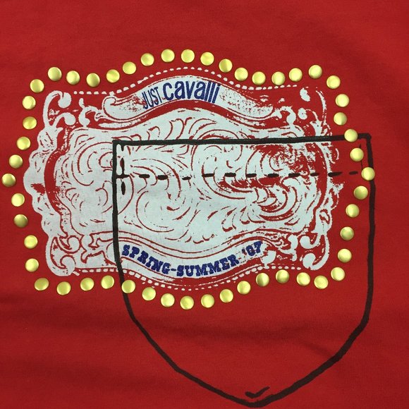 JUST ROBERTO CAVALLI Short Sleeve Red Gold Studded Multi Color Print Tee Shirt - Picture 5 of 9